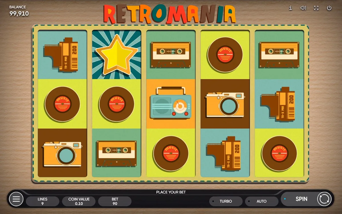 Retromania official Endorphina gameplay screen showing the reel layout