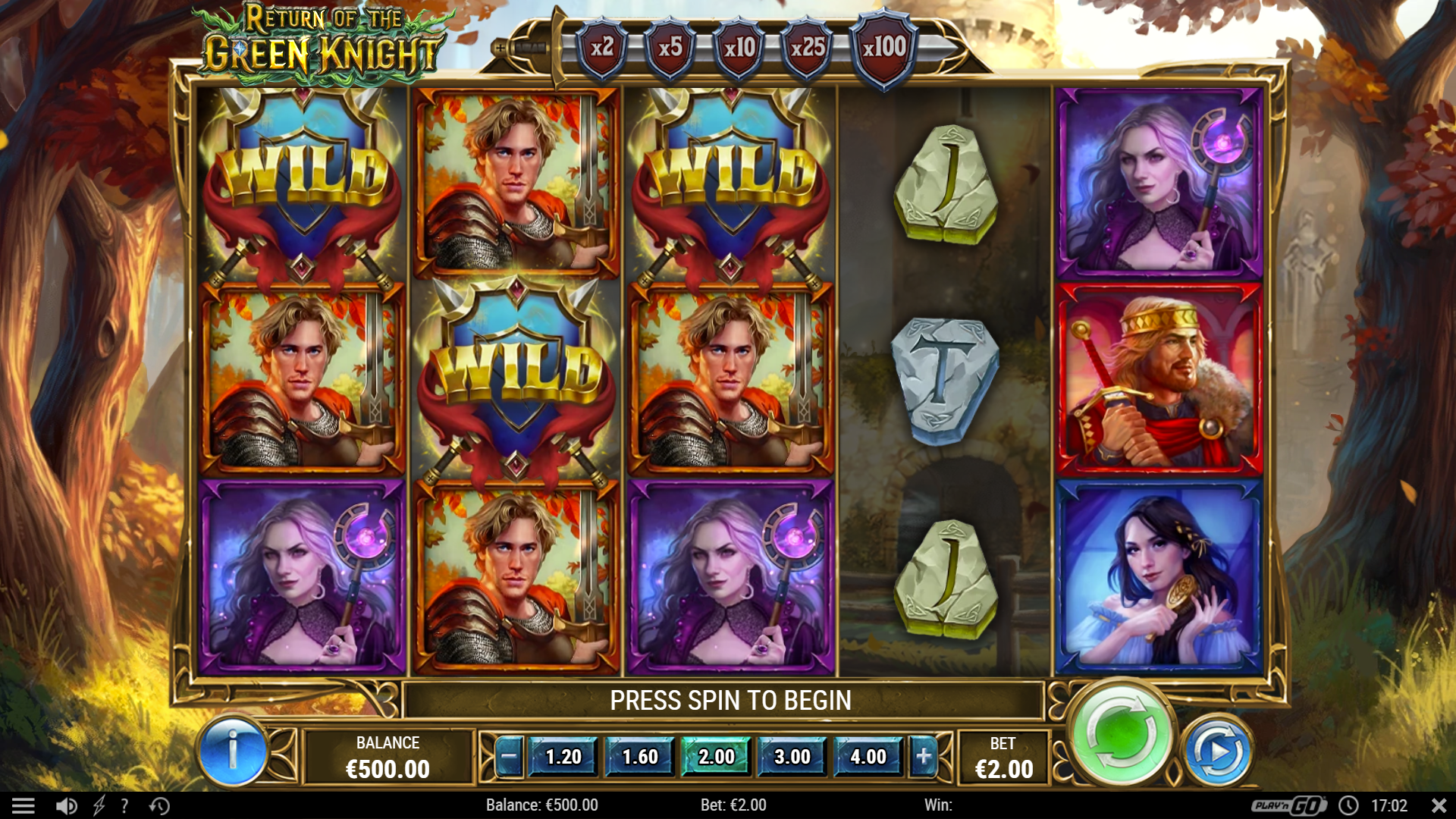 Return of The Green Knight official Play'n GO gameplay screen showing the game interface