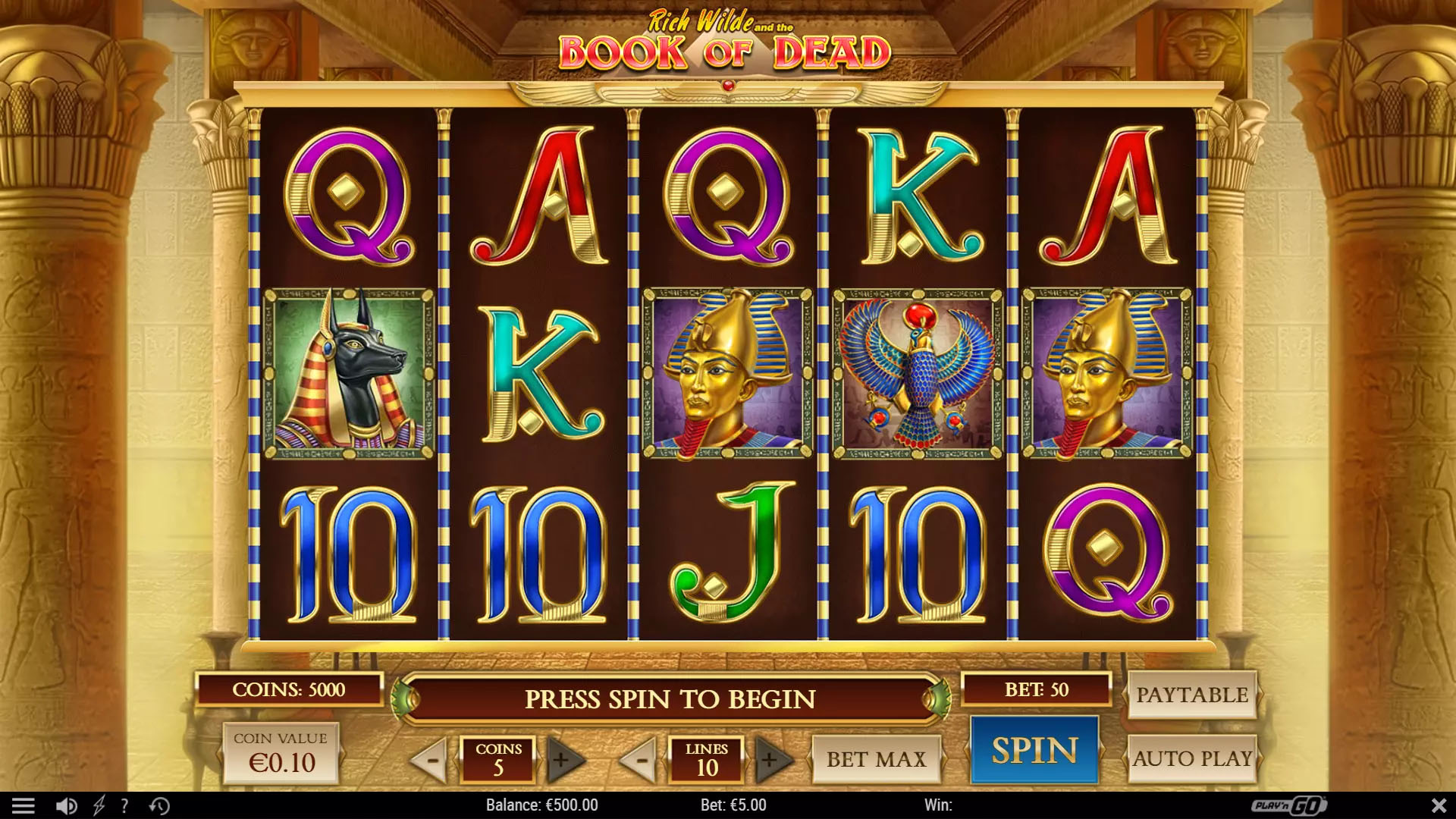 Rich Wilde and the Book of Dead official Play'n GO gameplay screen showing the game interface