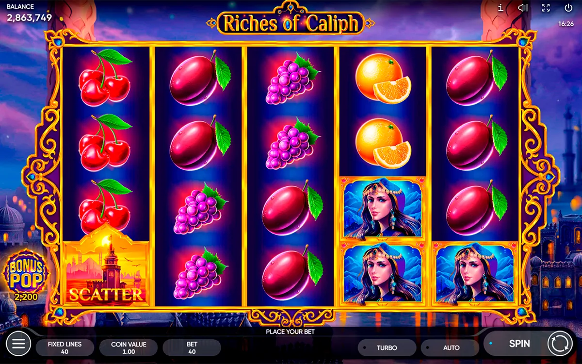 Riches of Caliph official Endorphina gameplay screen showing the reel layout