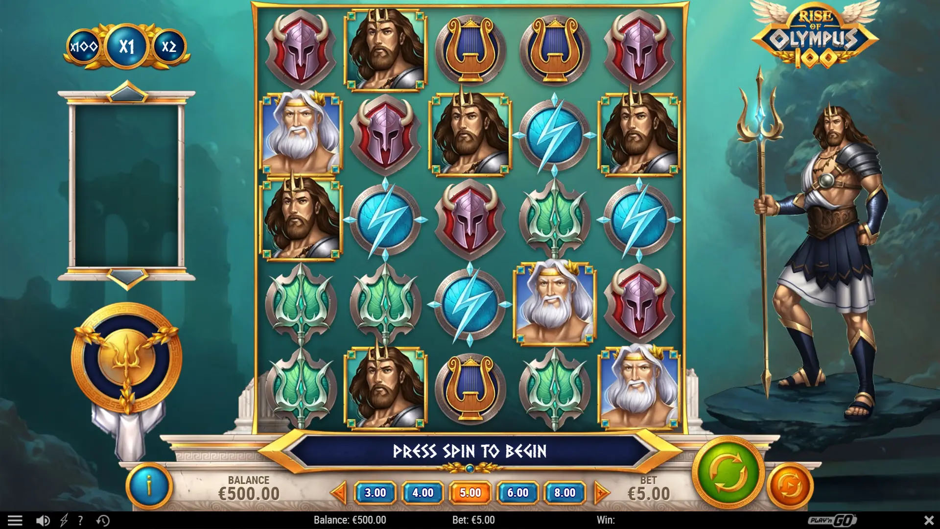 Rise of Olympus 100 official Play'n GO gameplay screen showing the game interface