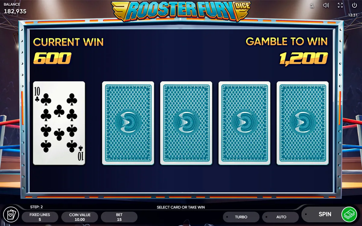 Rooster Fury Dice official Endorphina gameplay screen showing the reel layout