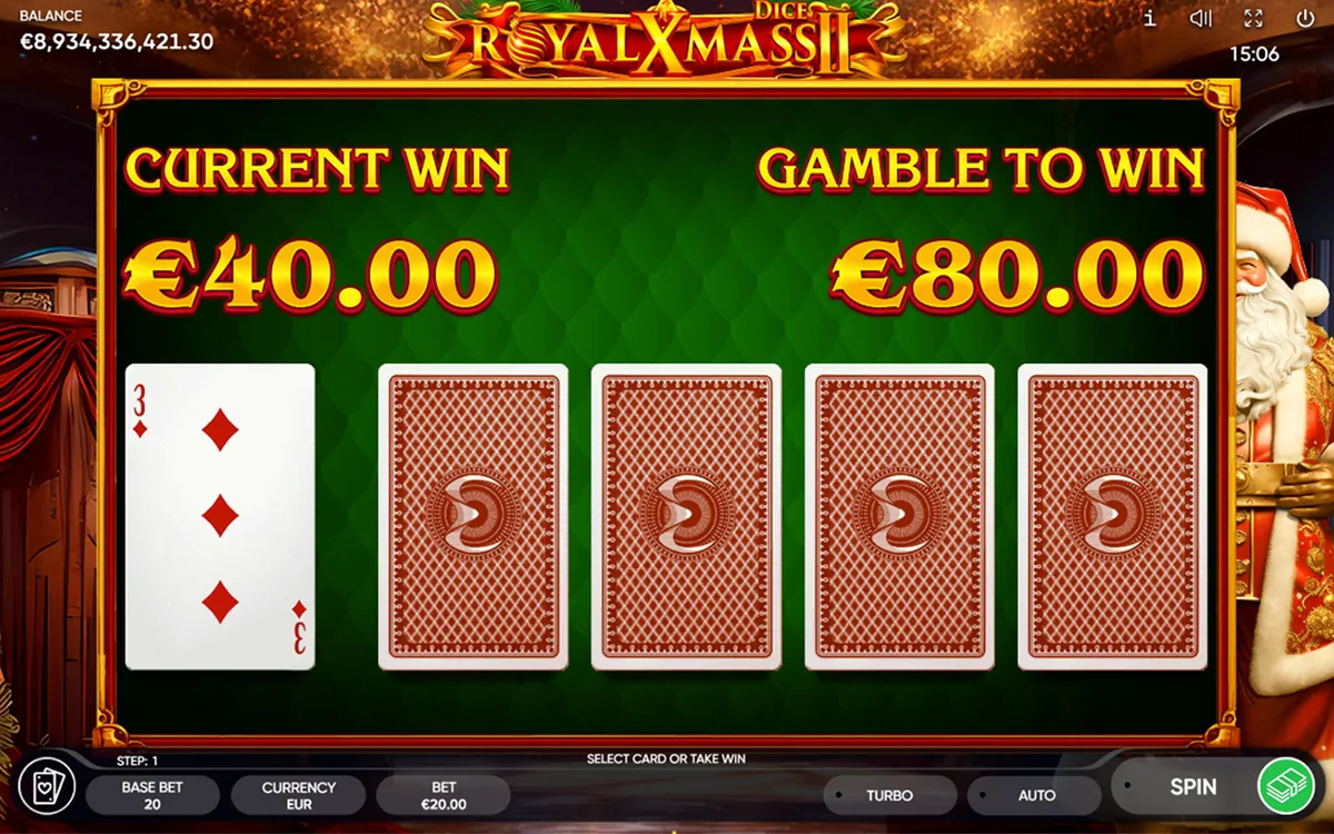 Royal Xmass 2 Dice official Endorphina gameplay screen showing the reel layout
