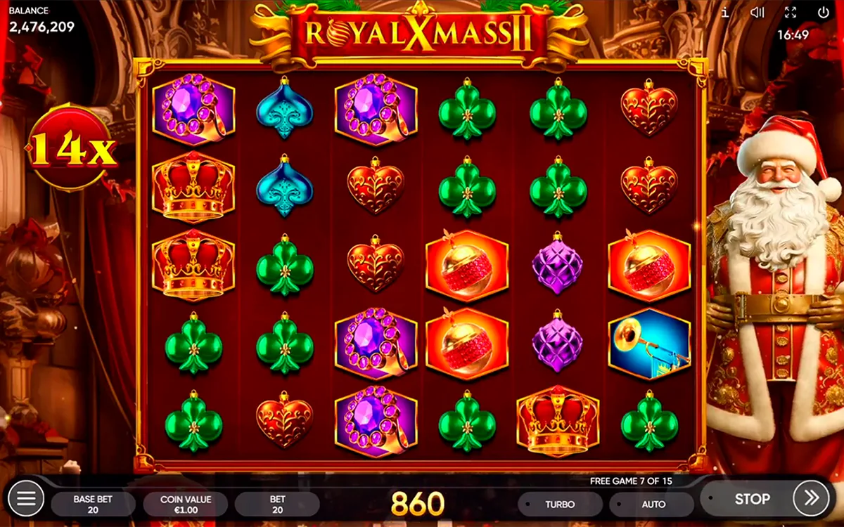 Royal Xmass 2 official Endorphina gameplay screen showing the reel layout