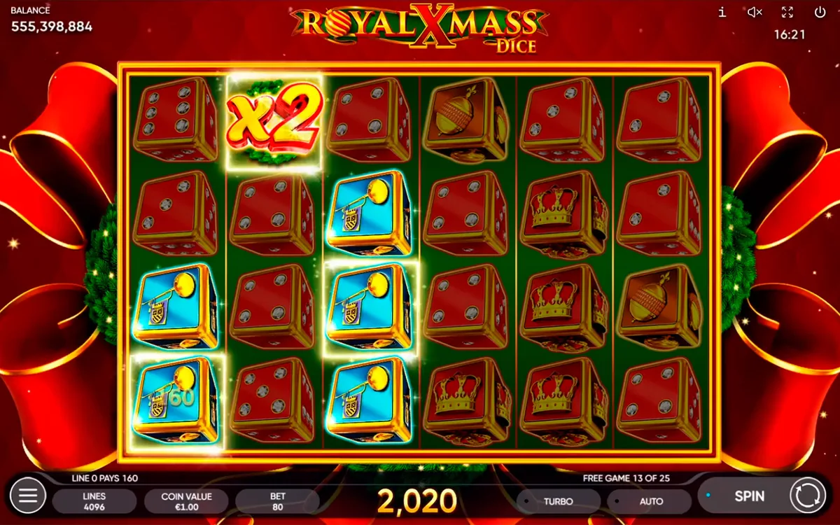 Royal Xmass Dice official Endorphina gameplay screen showing the reel layout