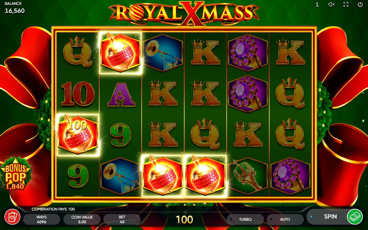 Royal Xmass official Endorphina gameplay screen showing the reel layout