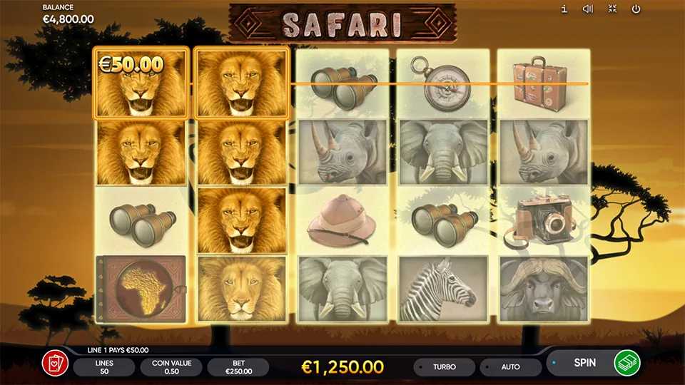 Safari official Endorphina gameplay screen showing the reel layout