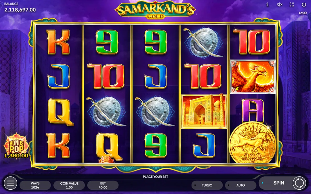 Samarkand's Gold official Endorphina gameplay screen showing the reel layout