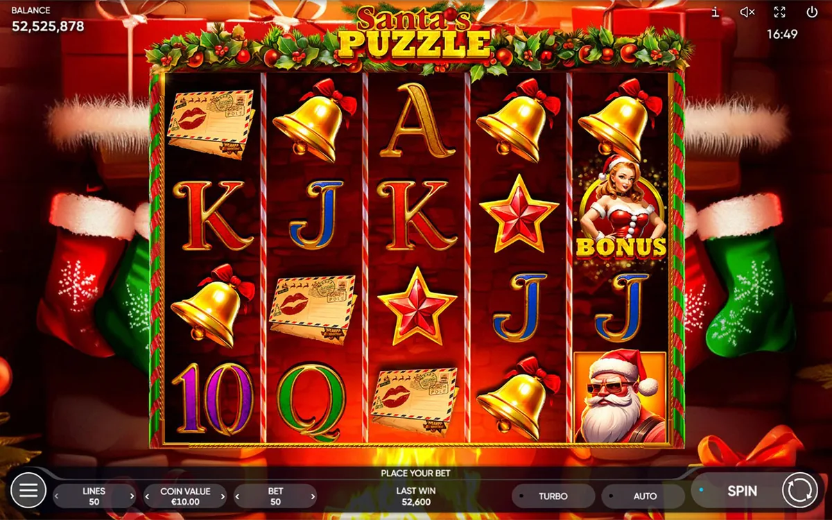 Santa's Puzzle official Endorphina gameplay screen showing the reel layout