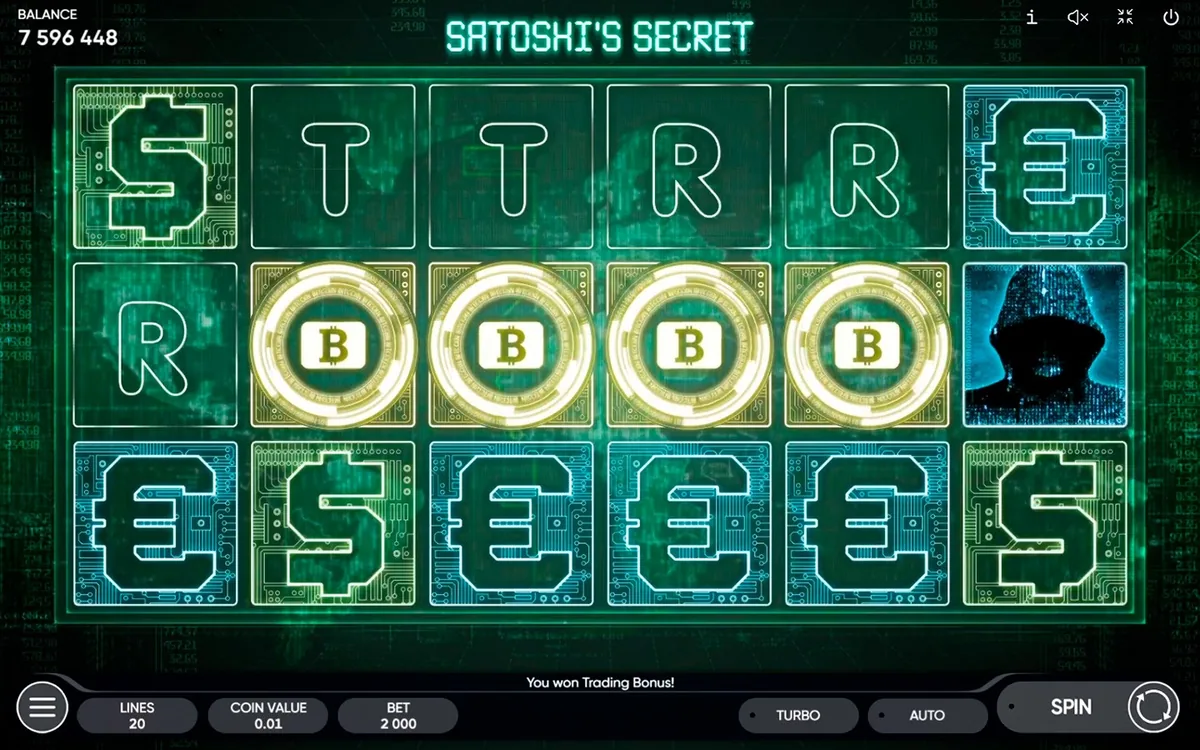 Satoshi's secret official Endorphina gameplay screen showing the reel layout