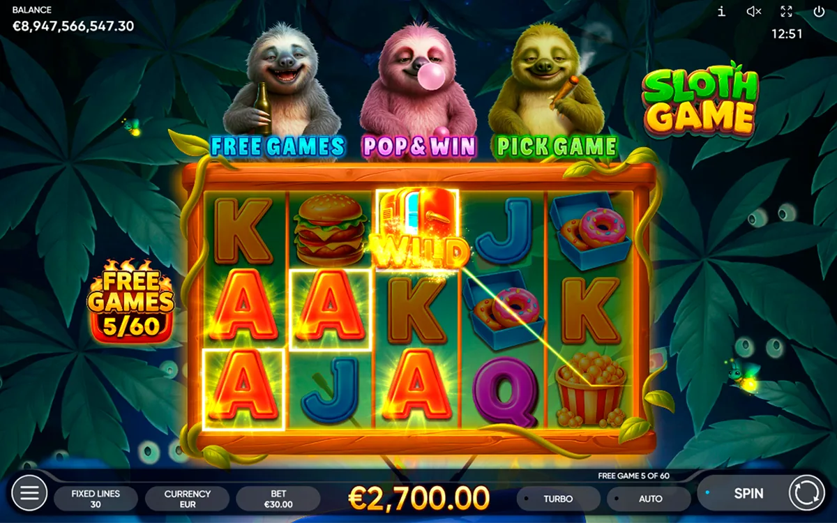 Sloth Game official Endorphina gameplay screen showing the reel layout