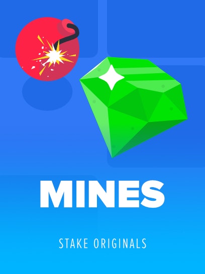 Stake Originals Mines artwork with a green gem and a red bomb