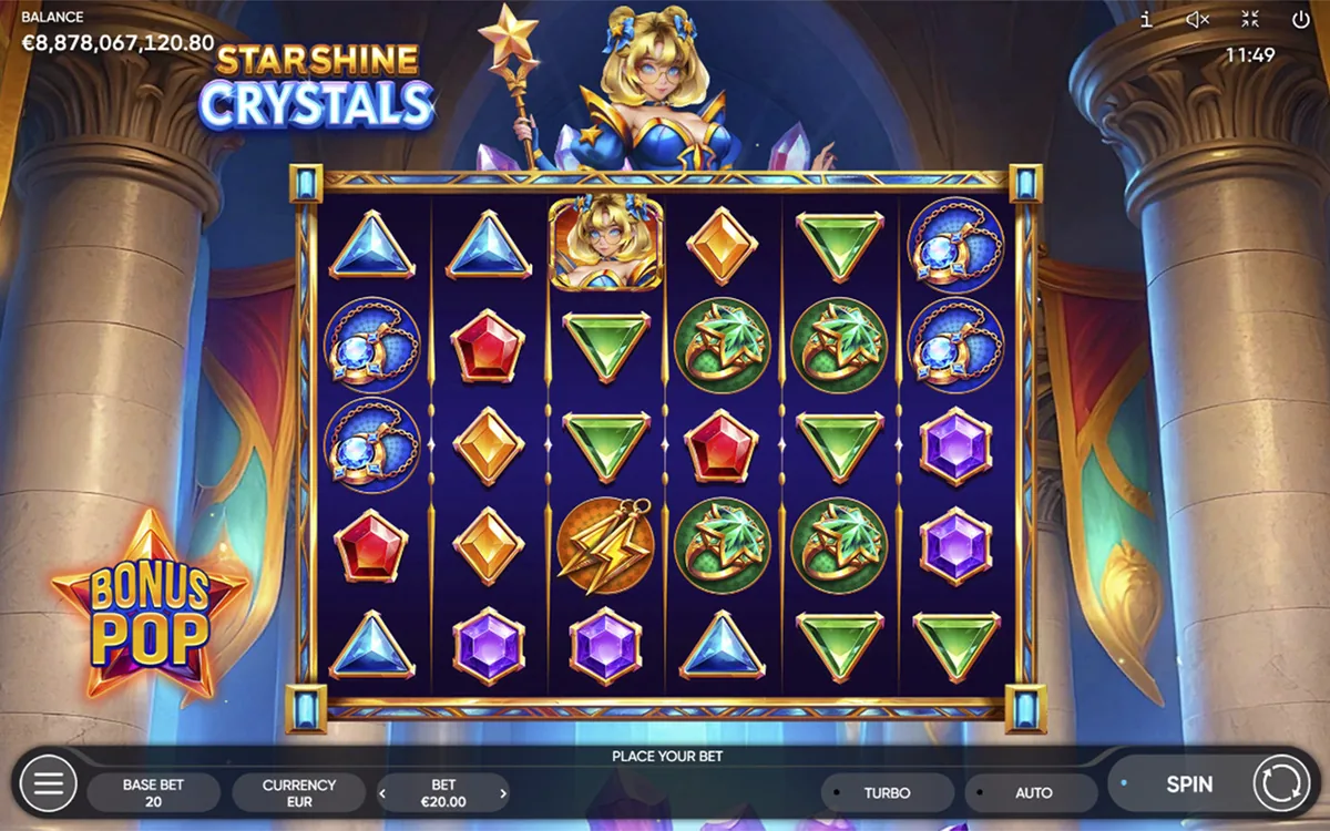 Starshine Crystals official Endorphina gameplay screen showing the reel layout