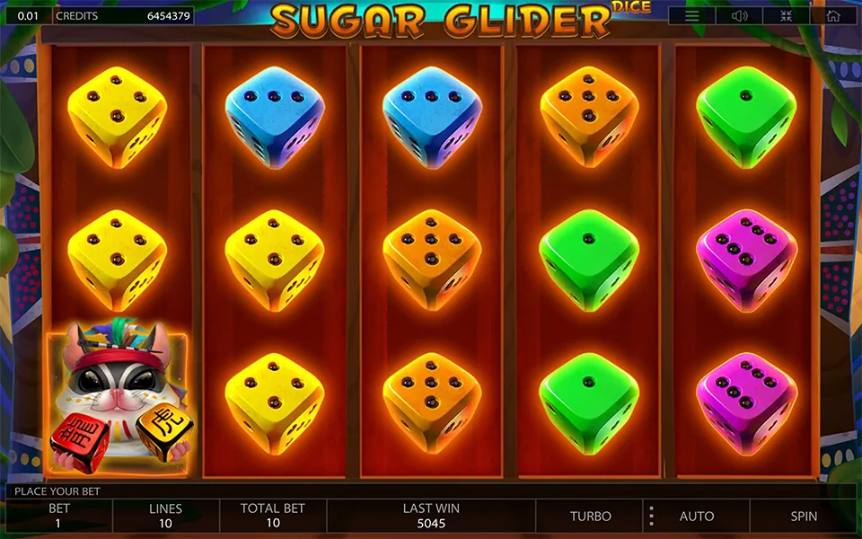 Sugar Glider Dice official Endorphina gameplay screen showing the reel layout