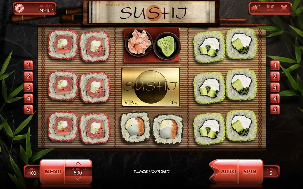 Sushi official Endorphina gameplay screen showing the reel layout