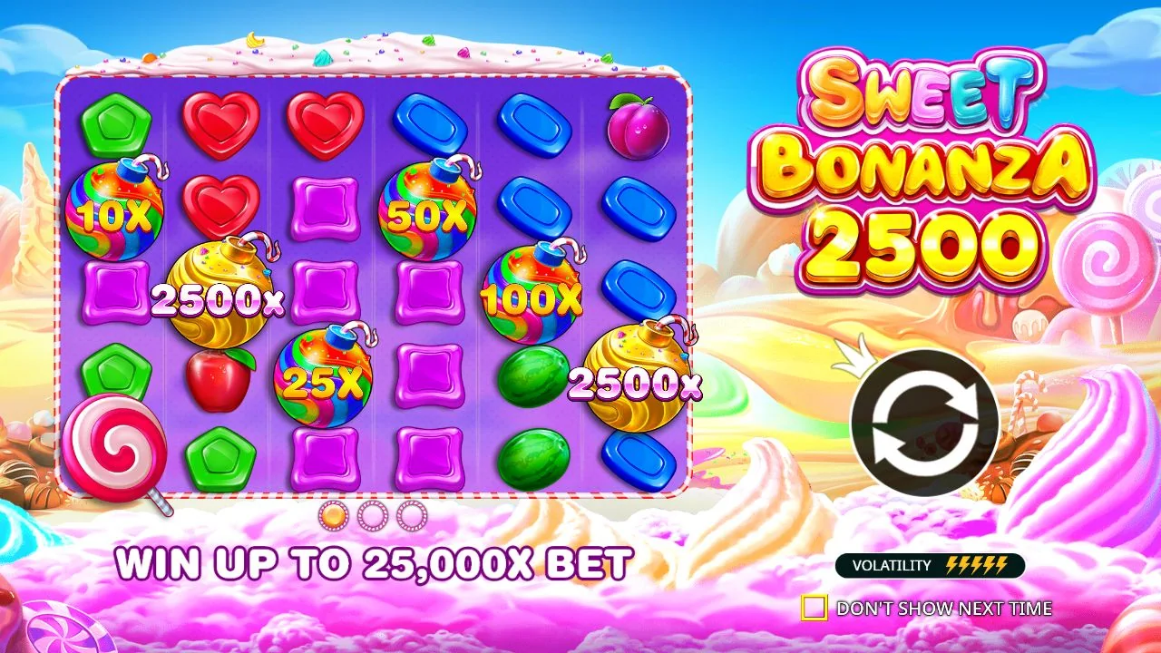 Sweet Bonanza 2500 official Pragmatic Play demo gameplay and information screen