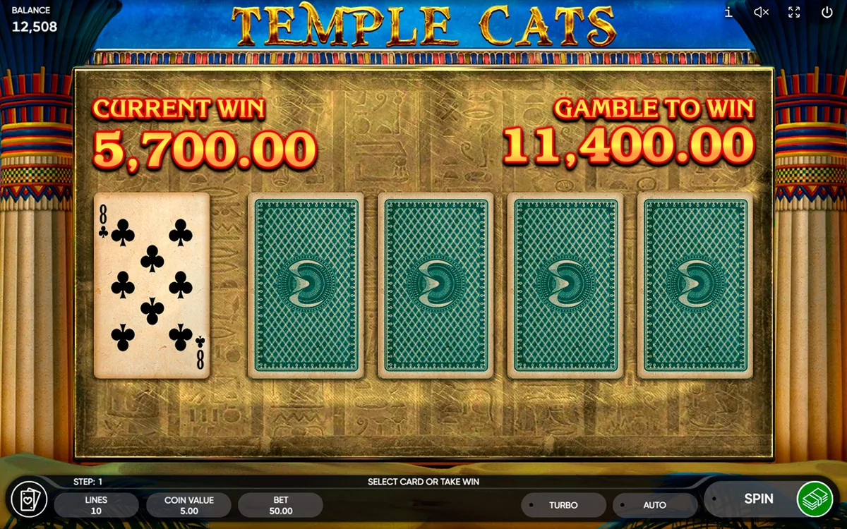 Temple Cats official Endorphina gameplay screen showing the reel layout