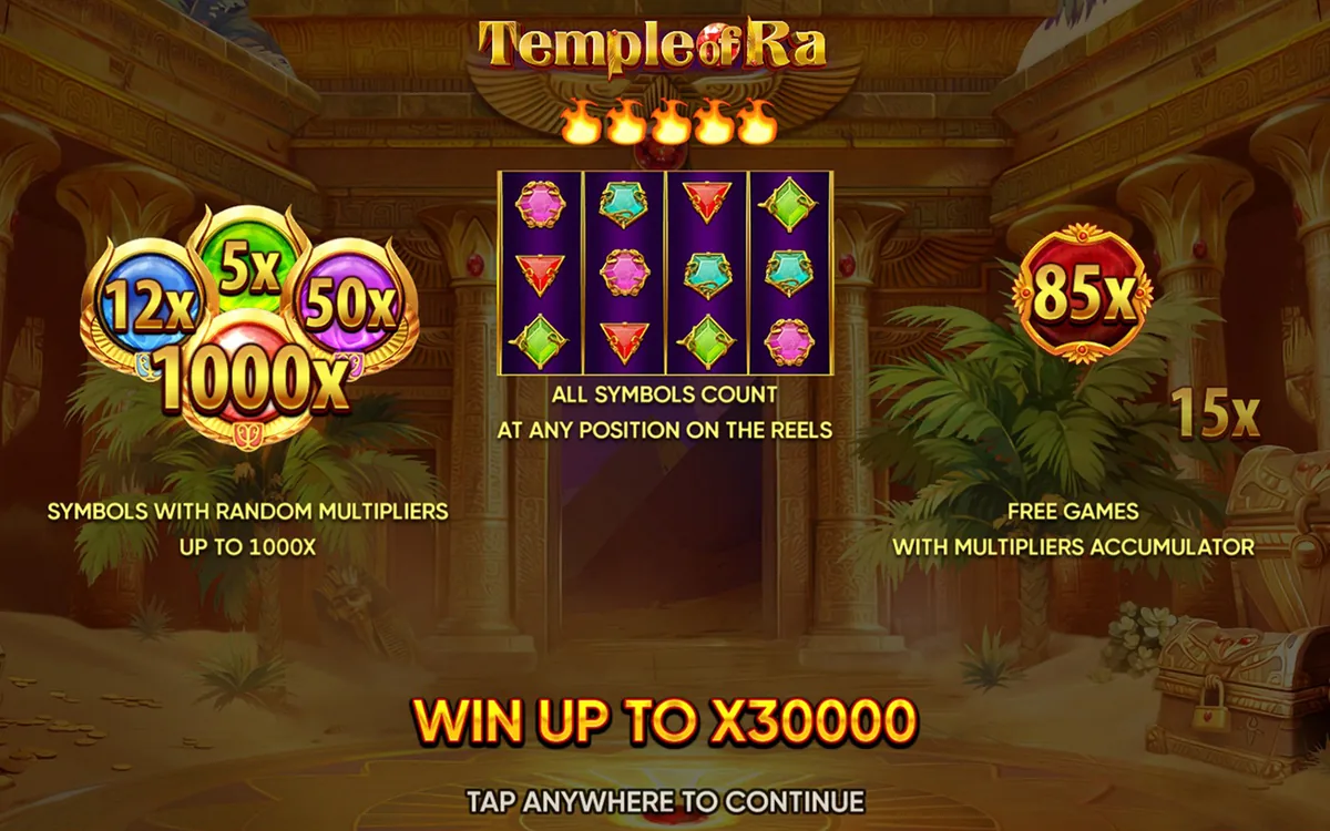 Temple of Ra official Endorphina gameplay screen showing the reel layout