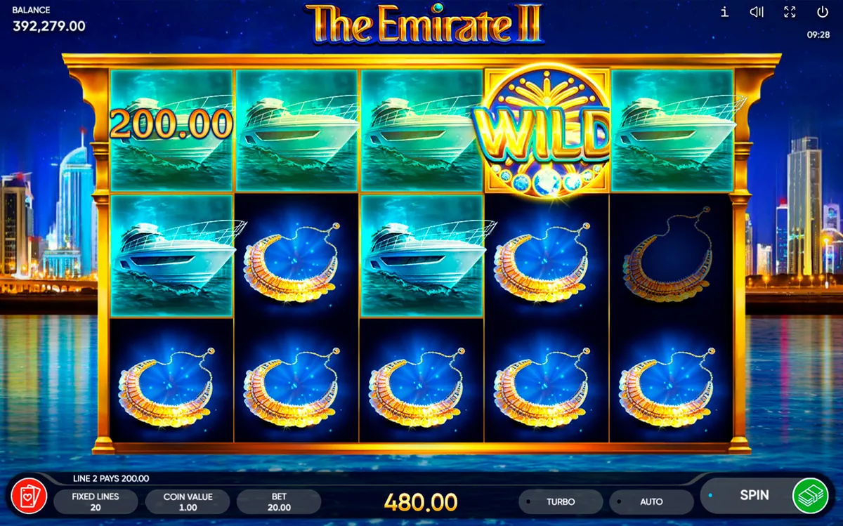 The Emirate II official Endorphina gameplay screen showing the reel layout