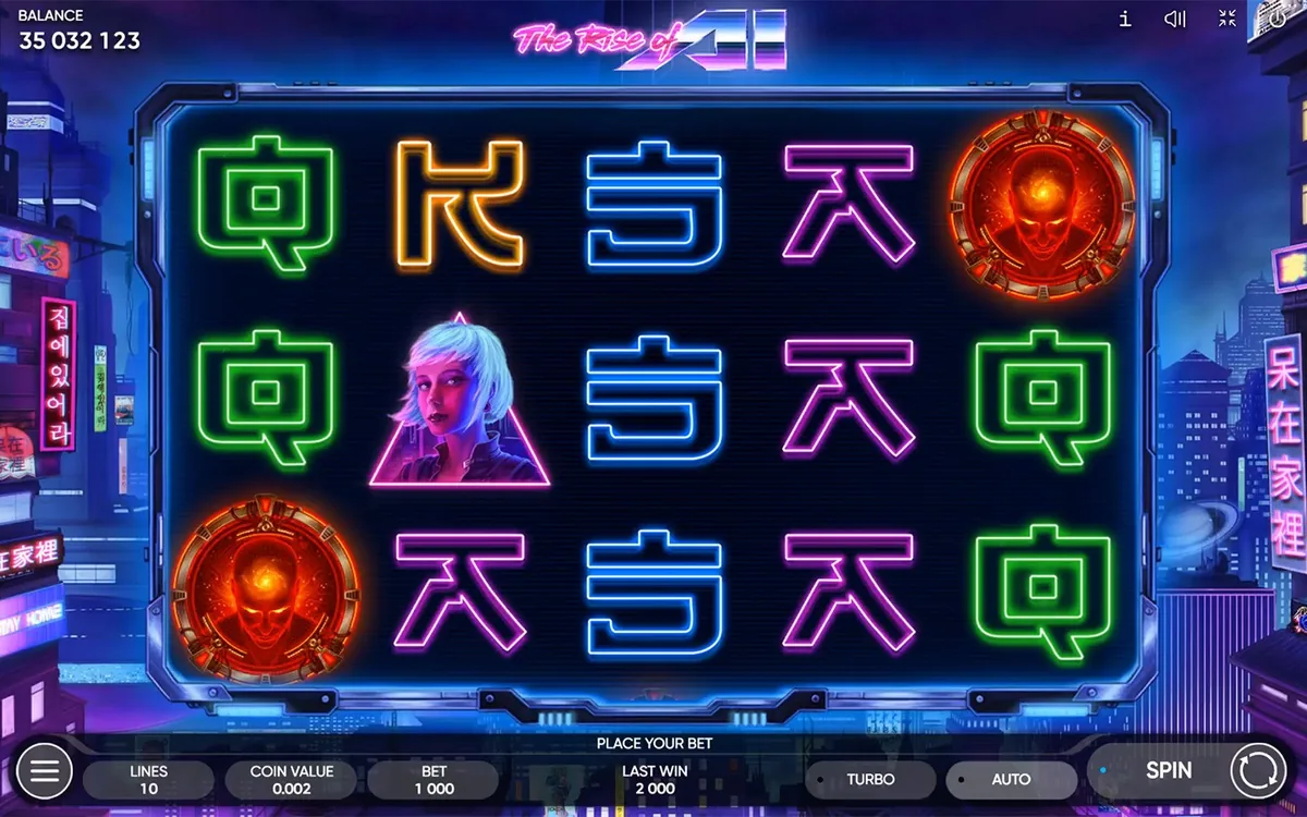 The Rise of AI official Endorphina gameplay screen showing the reel layout