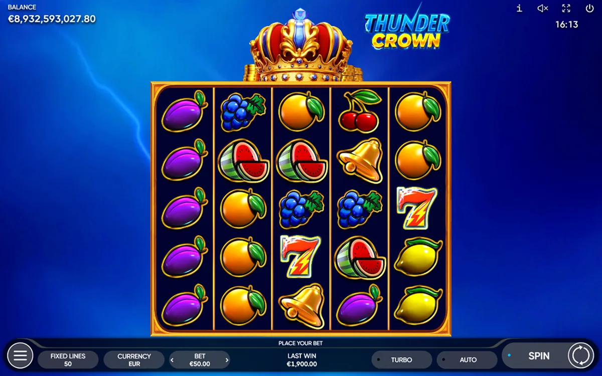 Thunder Crown official Endorphina gameplay screen showing the reel layout