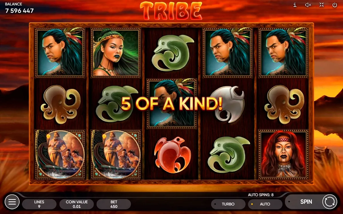 Tribe official Endorphina gameplay screen showing the reel layout