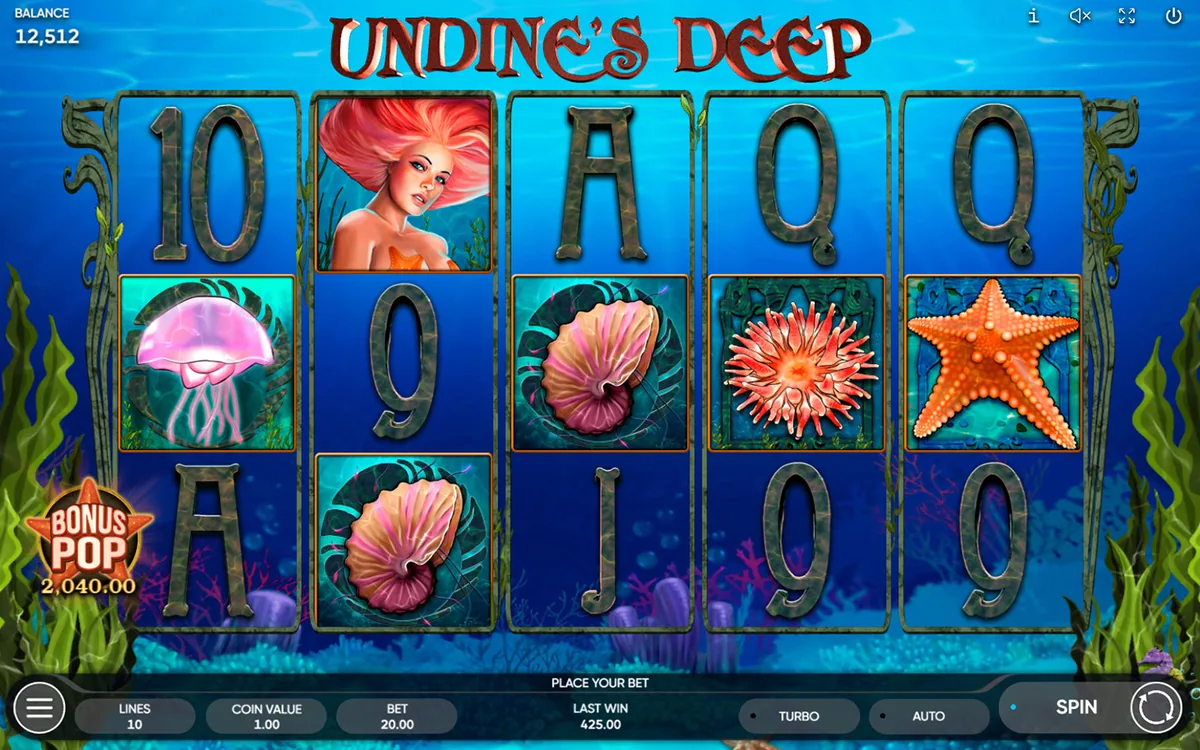 Undine's Deep official Endorphina gameplay screen showing the reel layout
