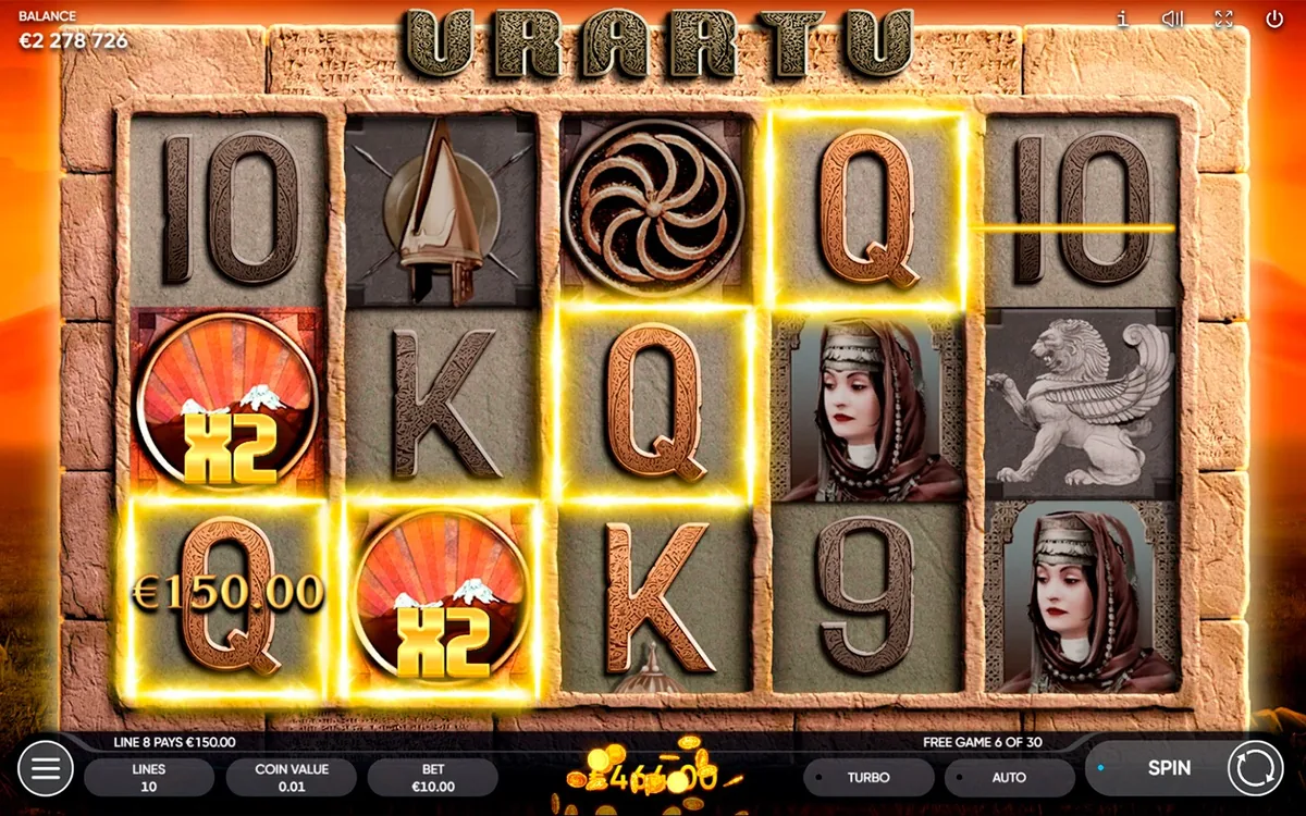Urartu official Endorphina gameplay screen showing the reel layout