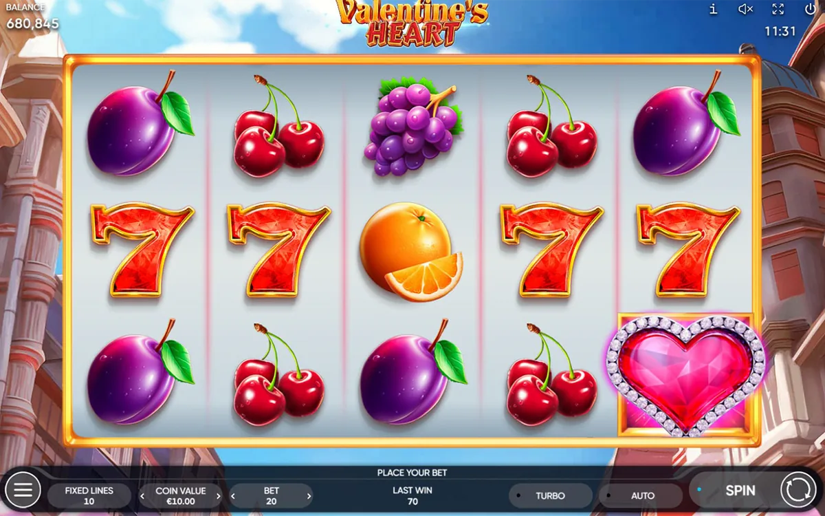 Valentine's Heart official Endorphina gameplay screen showing the reel layout