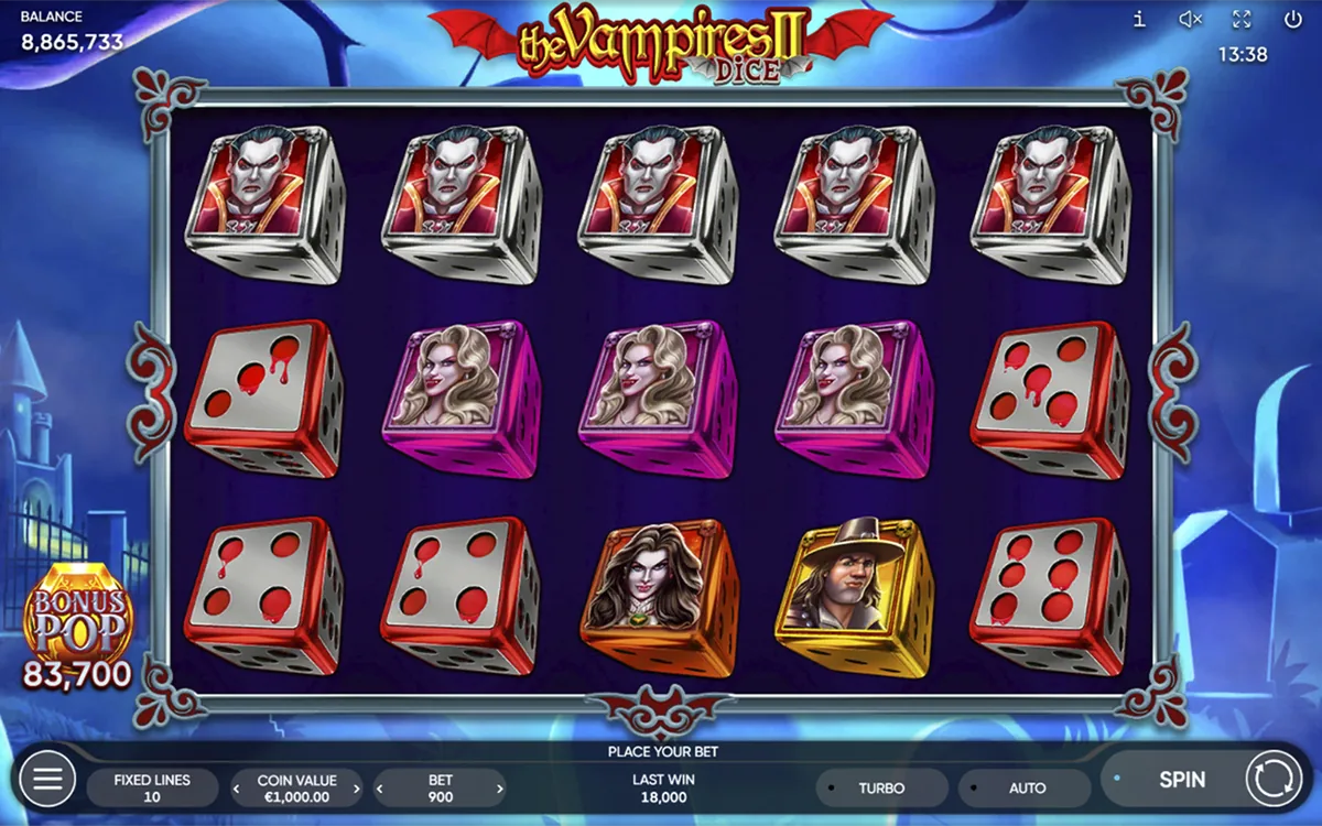 The Vampires II Dice official Endorphina gameplay screen showing the reel layout