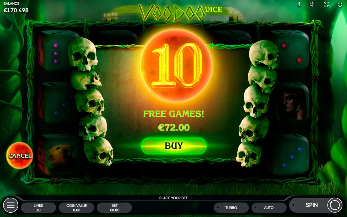 Voodoo Dice official Endorphina gameplay screen showing the reel layout