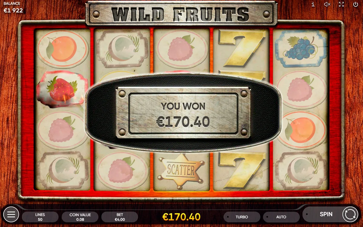 Wild Fruits official Endorphina gameplay screen showing the reel layout