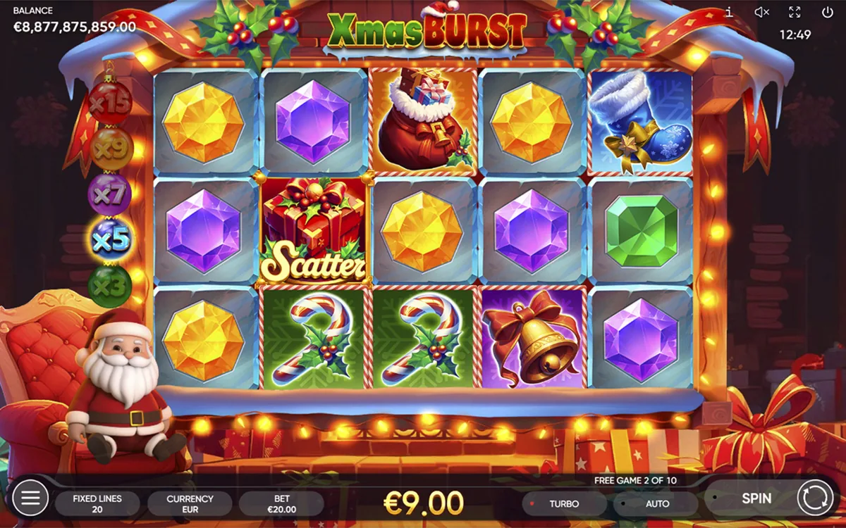 Xmas Burst official Endorphina gameplay screen showing the reel layout