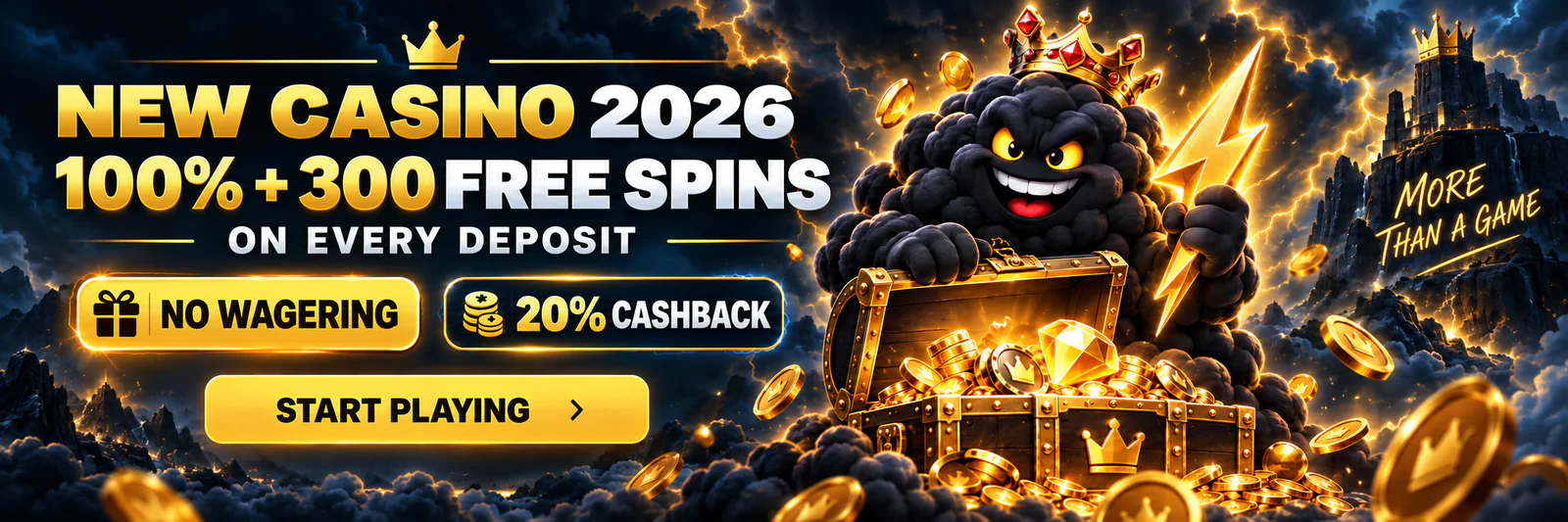 New Casino 2026 promotion with 100% bonus, 300 free spins, no wagering and 20% cashback